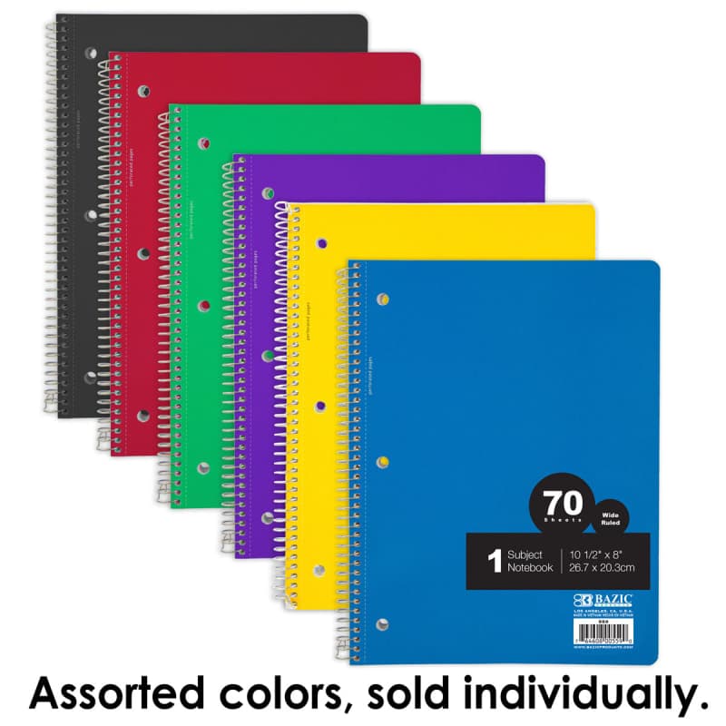 Spiral-Bound Wide Ruled 1-Subject Notebook 70