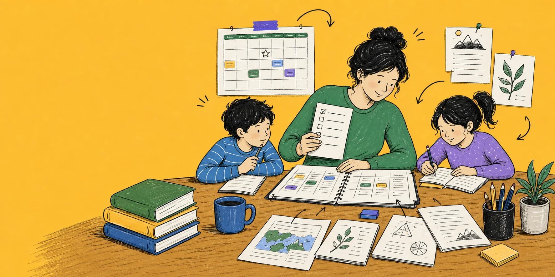 A parent and two children planning and learning together at a table
