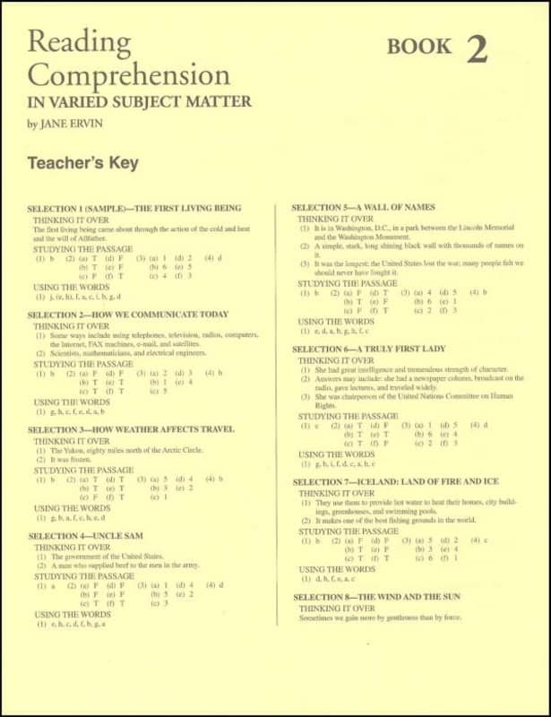 Reading Comprehension Book 2 Teacher Key