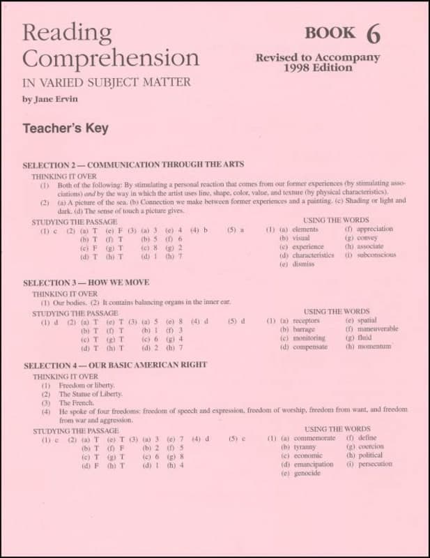Reading Comprehension Book 6 Teacher Key