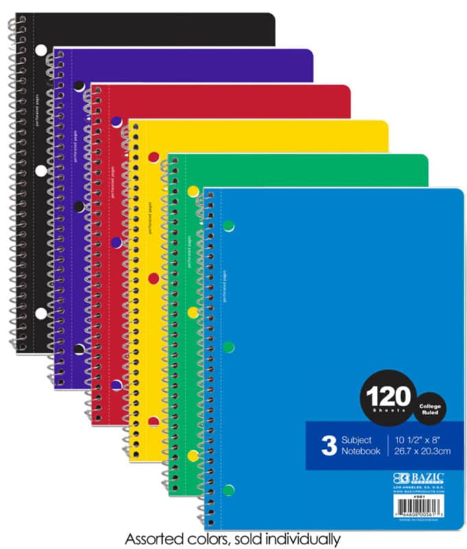 Spiral-Bound College Ruled 3-Subject Notebook 120