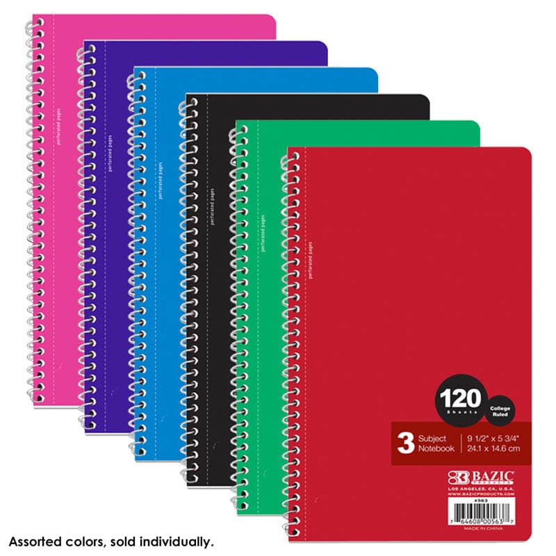 Spiral-Bound College Ruled 3-Subject Notebook