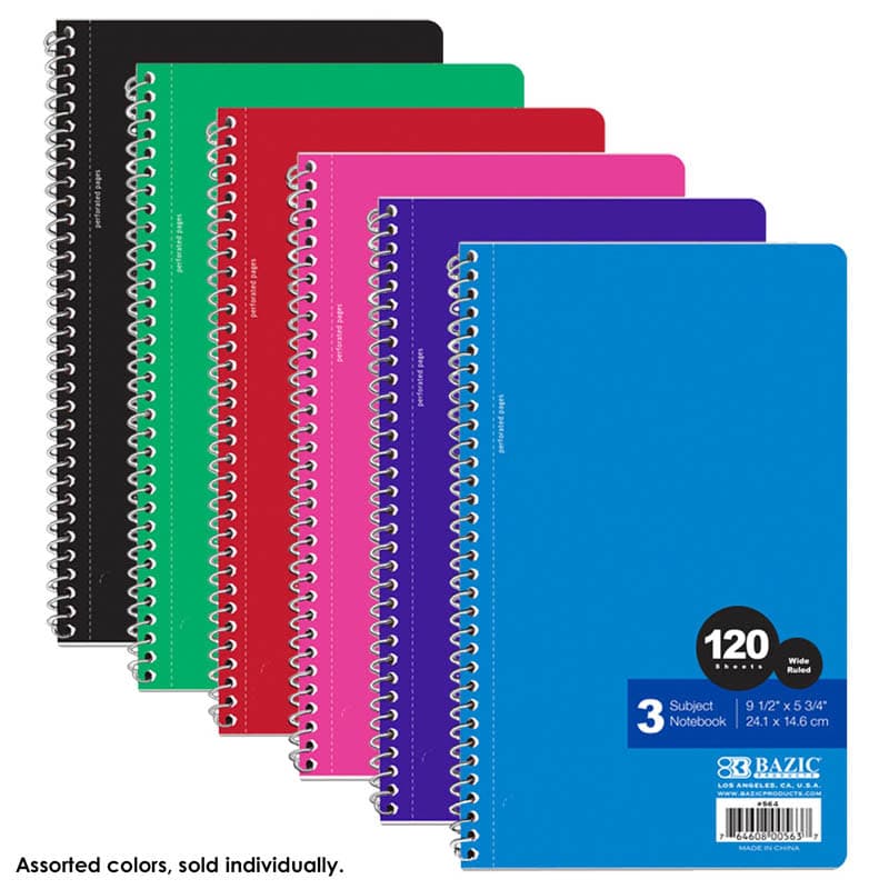 Spiral-Bound Wide Ruled 3-Subject Notebook (9.5"