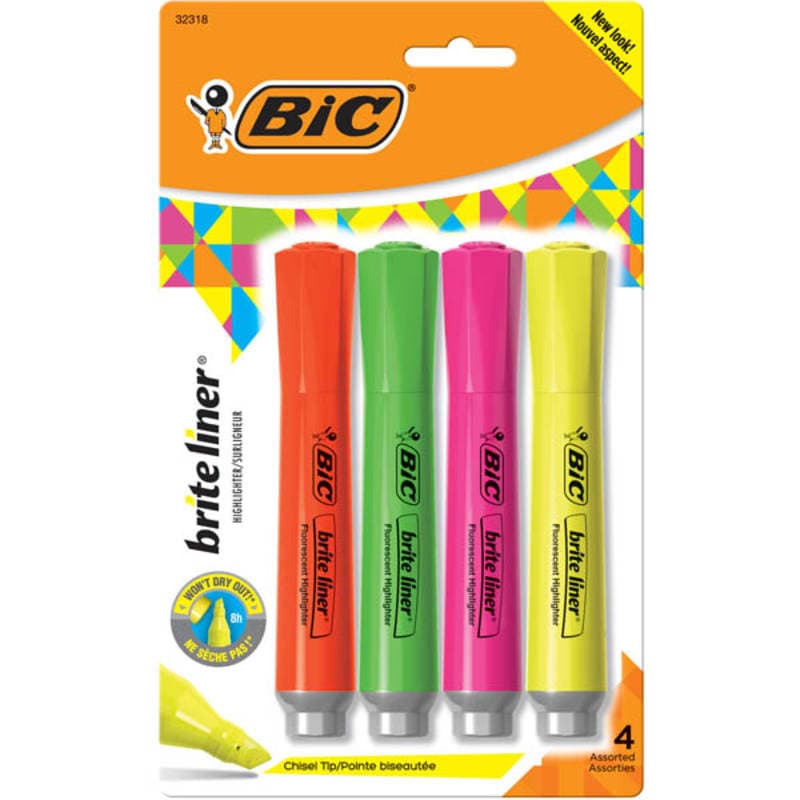 BIC Brite Liner Grip Highlighter 4 pack Chisel
