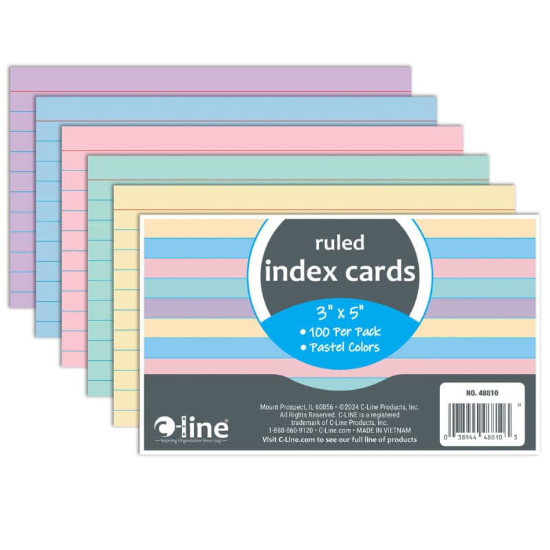 Ruled Index Cards (3" x 5") Assorted Colors - 100