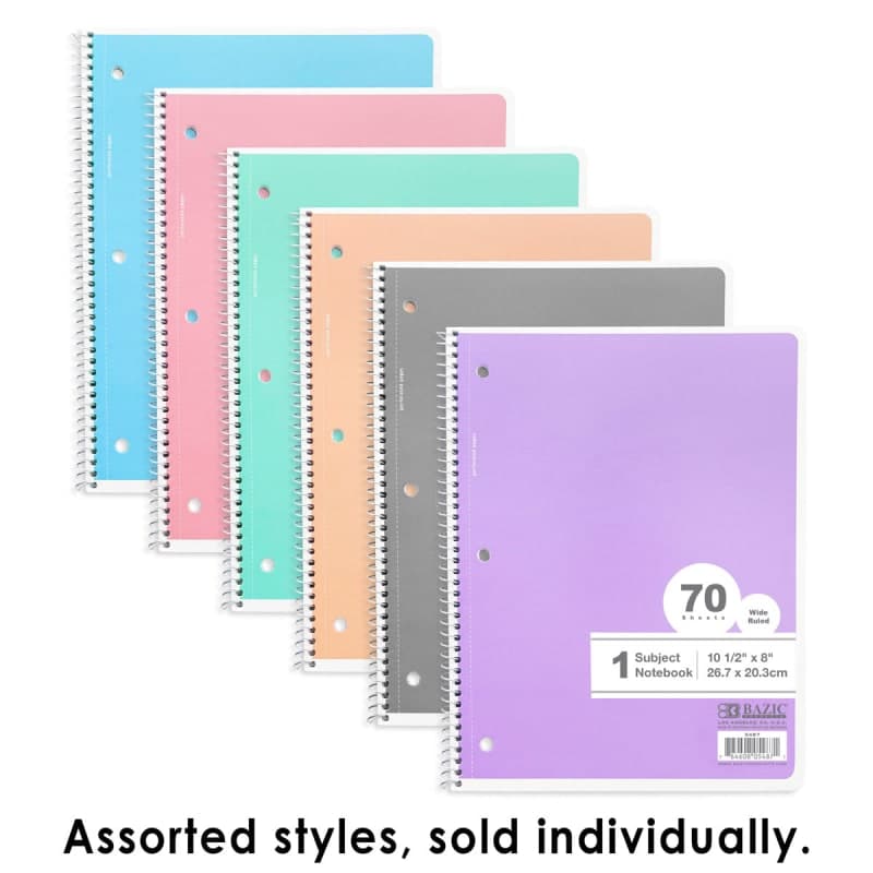 Spiral-Bound Wide Ruled 1-Subject Pastel Notebook