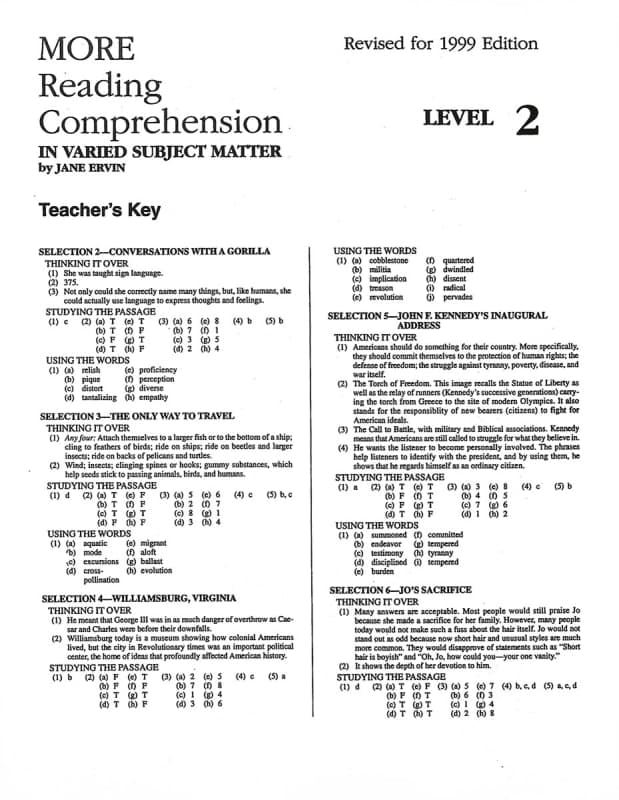 More Reading Comprehension Level 2 KEY