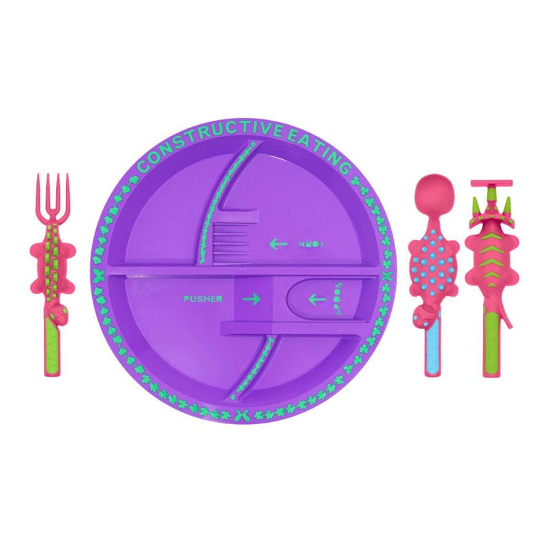Dino Utensil Set and Dino Plate - Pink