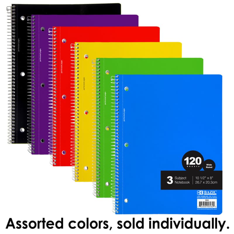 Spiral-Bound Wide Ruled 3-Subject Notebook 120