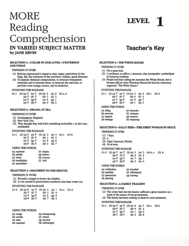 More Reading Comprehension Level 1 KEY